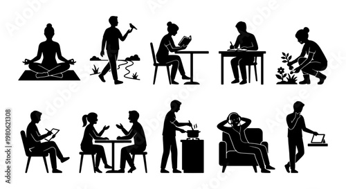 Black silhouette people hobby icons set, 10 lifestyle activity vector elements, daily routine and leisure time characters for infographic design