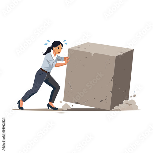 Businesswoman pushing large cube block with effort and determination in office