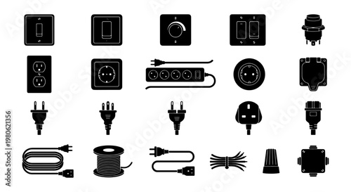 Electrical outlet and power plug icon set, black silhouette electric sockets and switches, 20 vector elements for home wiring and hardware
