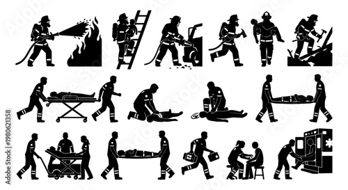 Firefighter and paramedic silhouette icons, emergency rescue service vector set, first responder medical team and firemen action figures
