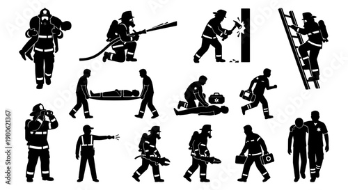 Firefighter silhouette collection, emergency rescue service icons, firemen in action with equipment and tools, first responder vector set