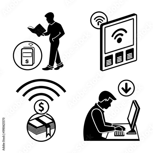 A black and white vector graphic illustration of people using technology and earning money online