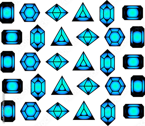 A striking vector collection featuring various brilliant-cut diamond shapes filled with dramatic gradients that shift from icy blue to deep black. These powerful and high-contrast graphics are ideal f