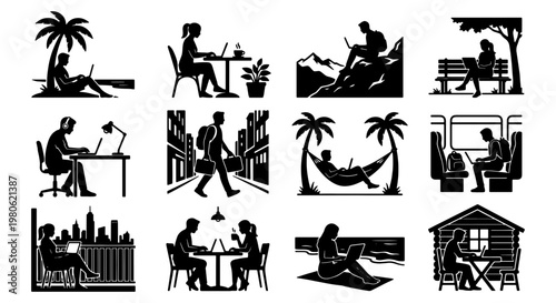 Digital nomad lifestyle silhouette icons, 12 remote work vector elements, people working on laptops in diverse locations and travel settings