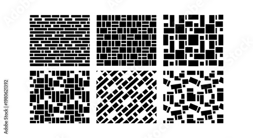 Minimalist geometric seamless patterns set, black and white abstract square and rectangle textures, 6 vector backgrounds for modern graphic design