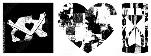 Artistic heart composed of fragmented halftone textures, abstract shapes, design, graphic illustration, stylized emotion, vector art.