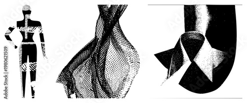Stylized human figure in halftone mesh, draped fabric texture, vector art, fashion illustration, graphic design element, composition.