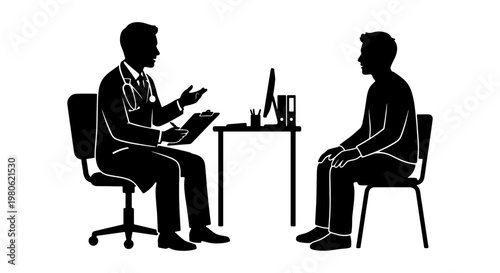 Medical consultation silhouette vector, doctor talking to patient in clinic office, healthcare professional with stethoscope and clipboard, hospital visit