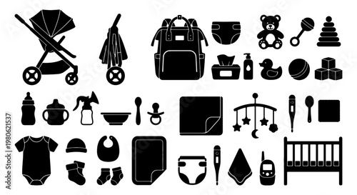 Baby care essentials silhouette icons, newborn nursery equipment set, black infant accessories collection with stroller and crib vector