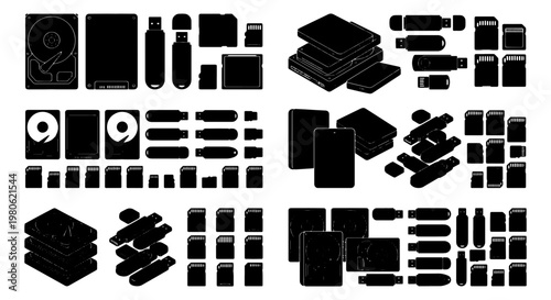 Data storage device silhouettes, computer hardware icons set, black vector collection of hard drives, usb flash drives and memory cards