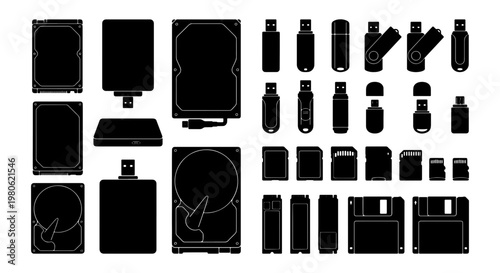 Computer storage device icons set, black silhouette data hardware collection, hard drive and usb flash drive vector, memory card and floppy disk graphics