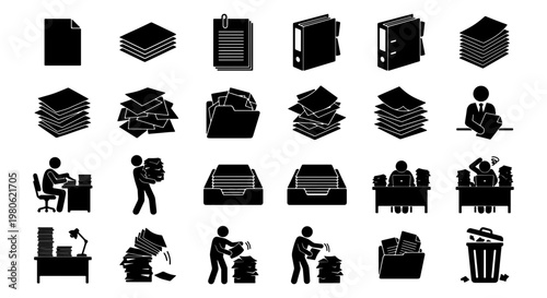 Office paperwork and document management icons, set of 24 black vector pictograms, business bureaucracy and paper overload symbols