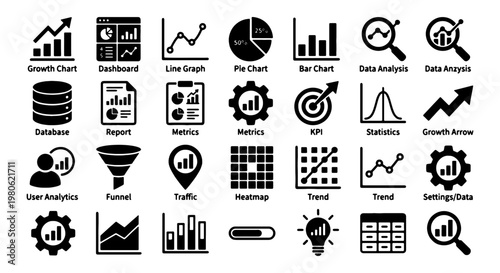 Data analysis icon set, 28 business analytics vector symbols, black flat growth charts and financial metrics for dashboard reporting and kpi tracking