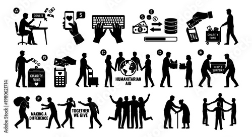 Charity and humanitarian aid icon set, nonprofit donation and volunteer silhouettes, 18 black vector elements for community support and social work