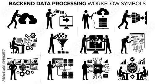Backend data processing workflow symbols, 12 computer engineering icons set, information technology management and cloud computing vector illustrations