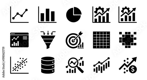 Data analysis icon set, 15 business chart and graph vector elements, black financial statistics symbols for dashboard UI and corporate reports