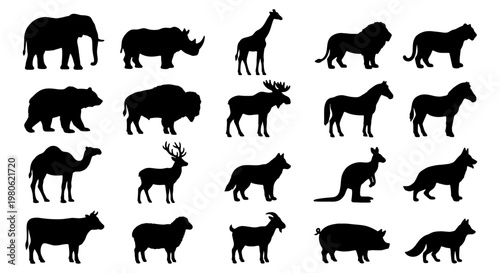Slika na platnu Wild animal silhouettes collection, set of 20 black vector icons, safari and far