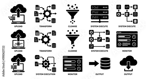 Data processing icons set, black vector symbols for ETL pipeline and cloud computing, information technology workflow elements for system execution