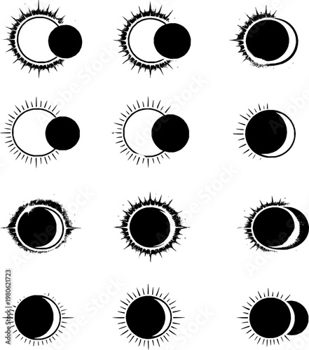Solar Eclipse Stages Black and White Vector Icon Set