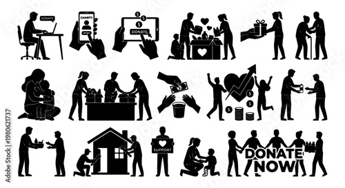 Charity and donation silhouette icons, humanitarian aid and volunteering people set, community support and social welfare vector elements