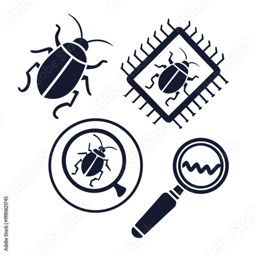 A vector graphic illustration of a bug and magnifying glass icons for software debugging and troubleshooting