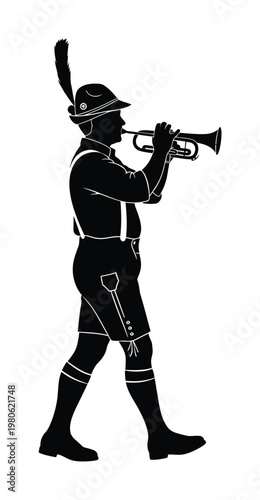 Vector silhouette of a uniformed man playing a trumpet with a feathered hat