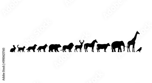 Black animal silhouettes collection, wild and domestic animal icons set, flat vector wildlife and pet shapes, minimalist nature symbols on white