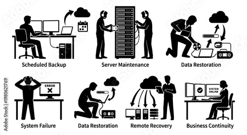 Data backup and server maintenance icons, IT infrastructure recovery and system failure pictograms, remote cloud storage and business continuity vector set