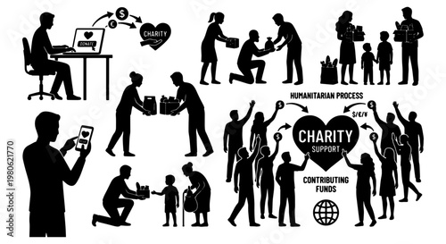 Charity support and humanitarian process silhouettes, people donating money and food, community volunteering and contributing funds vector set