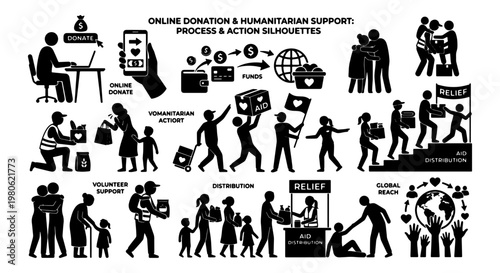 Humanitarian support and online donation process silhouettes, volunteer action and aid distribution icons, charity relief and global reach vector set