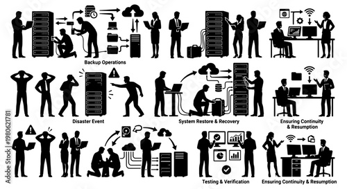 Data Center Backup Operations and Disaster Recovery Silhouette Set, IT Professionals Managing Server System Restore and Business Continuity, Vector Icons