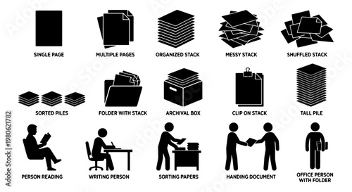 Document management icon set, 15 paper and office person pictograms, organized files and messy stacks, professional business workflow vector