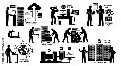 Data backup and disaster recovery icons, IT system failure and server restoration set, business continuity and network security vector silhouettes