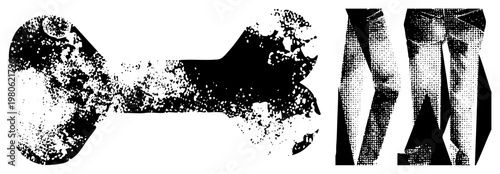 Stylized halftone bone and legs illustration, vector art, graphic design element, isolated shapes, black and white, retro print aesthetic.