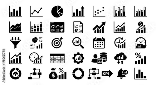 Business data analytics icons set, 35 financial chart and graph vector elements, black minimalist infographic symbols for corporate reporting and KPI tracking