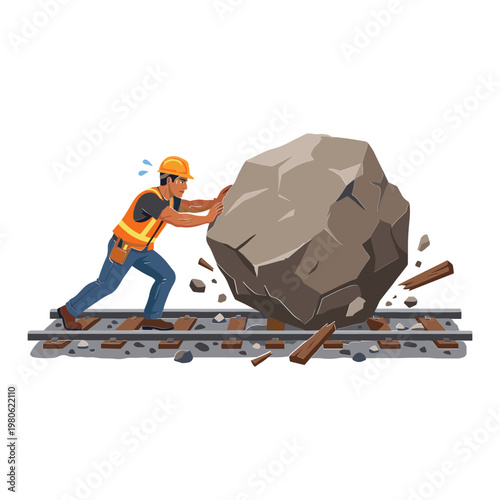 A construction worker pushing large boulder on railroad tracks with effort.