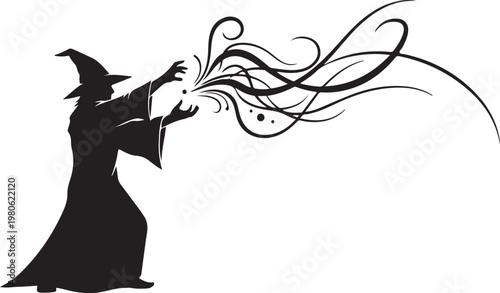 Black silhouette of a wizard casting magic swirling lines