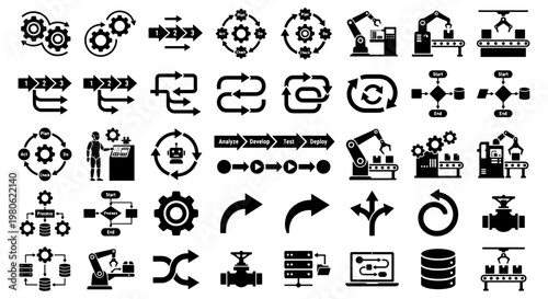 Industrial automation icons set, manufacturing process and production line vector elements, factory workflow and robotic arm symbols for engineering