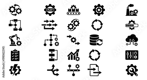 Industrial automation icons set, 25 manufacturing process vector elements, black factory workflow symbols, engineering and production management signs