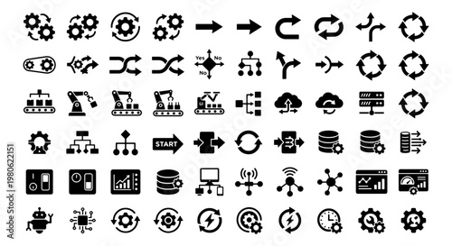Industrial automation icons set, 60 black vector symbols for manufacturing and data processing, smart factory technology and workflow diagrams