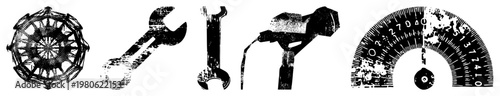 Set of retro wrenches, gear mechanisms, and analog gauge rendered in distressed vector art, industrial repair symbols, mechanical components, black and white halftone texture.