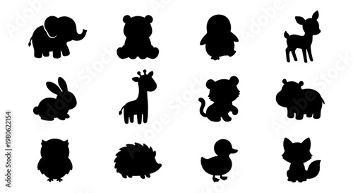Cute animal silhouettes collection, 12 black vector icons of baby zoo and forest creatures, minimalist wildlife shapes for nursery decor
