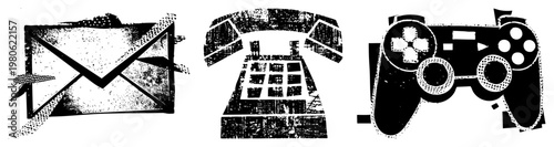 Retro communication symbols including letter, rotary phone, and gaming controller, rendered in halftone style, vector graphic, isolated elements.