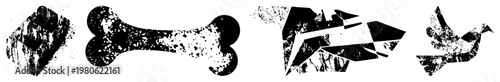 Abstract animal shapes bone, dog, bird rendered with distressed black and white textures, vector art, isolated foreground elements.