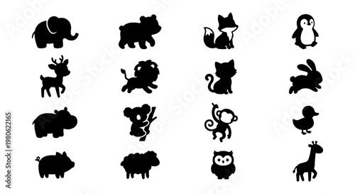 Quadro su tela Cute animal silhouettes set, 16 black vector icons of wild and farm animals, min