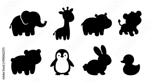 Cute animal silhouettes collection, set of 8 black cartoon zoo and farm animal icons, minimalist wildlife vector graphics for nursery decor