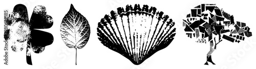 Stylized botanical and natural symbols rendered as black vector silhouettes, including clover, leaf,, and fragmented tree, all with halftone texture and isolated foreground.