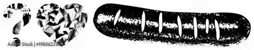Stylized halftone graphic featuring a question mark, heart, and sausage vector art with textured shading isolated design elements for UI or branding.