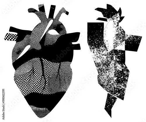 Stylized human heart anatomy rendered in black and white, halftone dots and geometric, medical illustration, vector art, artistic anatomy.