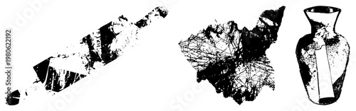 Three stylized objects with distressed textures rolling pin, map like shape, vase. Black and white vector art with splatter and chaotic. Isolated graphic elements for design use.